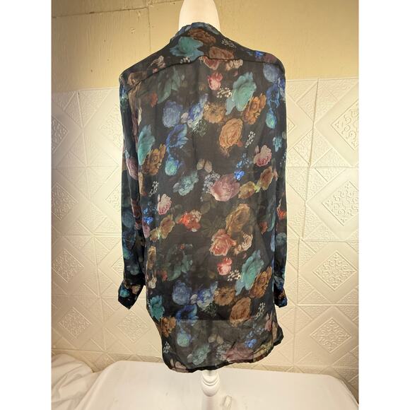 Massimo size Large Top Black Floral Sheer long-sleeve women's blouse flaw - Picture 3 of 16